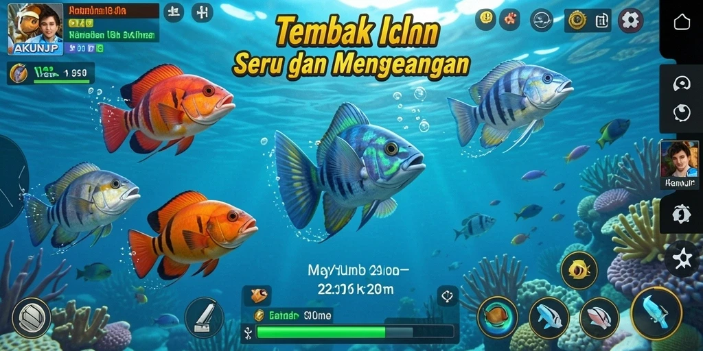 Tampilan gameplay AKUNJP dengan aksi tembak ikan yang seru.