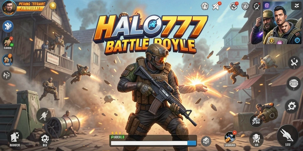 Tampilan gameplay HALO777 dengan pertempuran seru dalam arena Battle Royale.