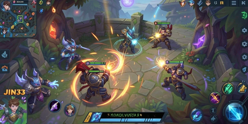 Tangkapan layar JIN33 menampilkan aksi tempur tim yang mendebarkan dalam permainan MOBA.