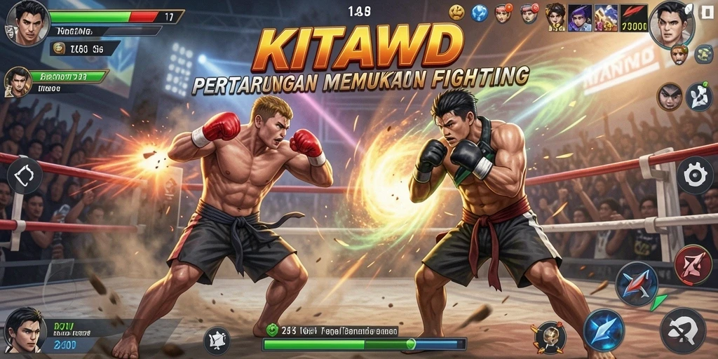 Screenshot KITAWD menampilkan karakter bertarung dalam arena yang seru.