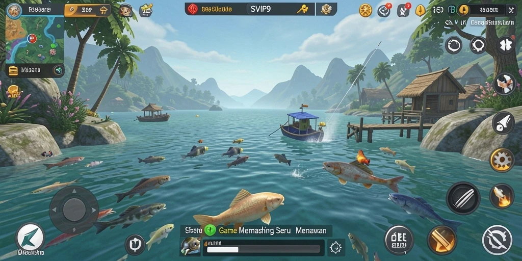 Tampilan gameplay SVIP9 yang menampilkan para pemancing di lokasi indah.
