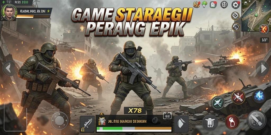 Screenshot menunjukkan aksi pertempuran mendebarkan dalam game SLG.